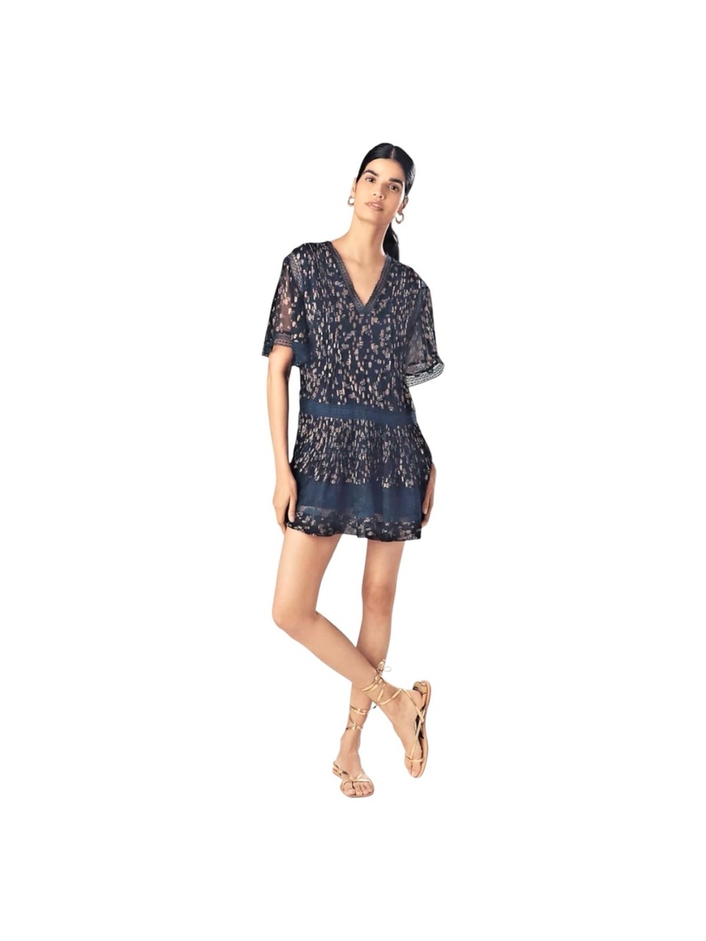 Maeve Navy Metallic-Print V-Neck Short Sleeves Ruffled Mini Dress M